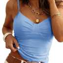 Tankaneo Womens Summer Y2k Spaghetti Strap Tops V Neck Slim Fit Backless Crop Tops Going Out Ruched Cami Shirts (Blue)
