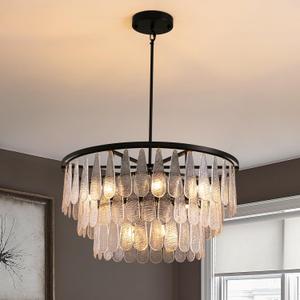 Siljoy Modern Mable Textured Glass Chandelier, 31.5" Large Black Glass Chandeliers for Dining Room, 12-Light Hanging Pendant Light Fixture, 3-Tier Round Crystal Chandelier for Bedroom Living Room, 31.4 inch
