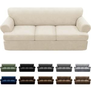 4-Pieces T Cushion Sofa Slipcovers Leather Look Couch Cover for 3 Cushion Couch Furniture Protector Stretch Sofa Cover with 3 Individual T Cushion Seat Covers Washable, Beige