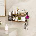 3-in-1 Wall Mounted Hair Dryer Holder with 2 Tier Shelves & Detachable Basket, Space Saving Organizer for Bathroom, Kitchen, Bedroom, Rust-Resistant, Easy Install (Rustic Brown)
