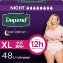 Depend Night Defense Adult Diapers, Incontinence & Postpartum Bladder Leak Underwear for Women, Disposable, Overnight, Extra-Large, Blush, 48 Count (4 Packs of 12) 