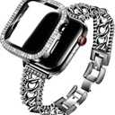 Work for Bling Apple Watch Band Women 44mm, Jewelry Bracelet Bands Metal Strap Sparkly Stainless steel Wristbands with Diamond Rhinestone Case for iWatch SE Series 6/5/4 Black