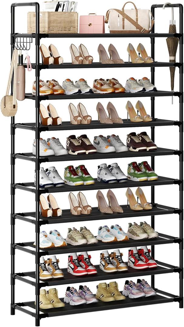 Shoe Rack, 10 Tier Shoe Storage Organizer with Hooks, Fit 40-45 Pairs Shoes, Metal Tall Shoe Shelf for Closet, Entryway, Hallway, Garage, Bedroom, Cloakroom