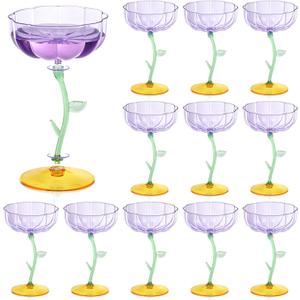 HKSZEH 12 Pcs Purple Plastic Ribbed Coupe Glasses Detachable 7oz Flower Cocktail Glasses Modern Wavy Plastic Cocktail Coupes Disposable Martini Glasses Mimosa Glassware champagne goblets (12, Purple)
