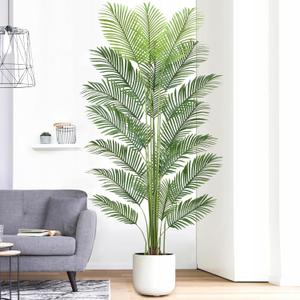 Artificial Palm Tree 7FT with 20 Leaves & White Planter Faux Green Tropical Areca Palm Fake Floor Realistic Plants for Indoor Home Office Porch Mall Hotel Decor Housewarming Gift(7FT, 1Pack)