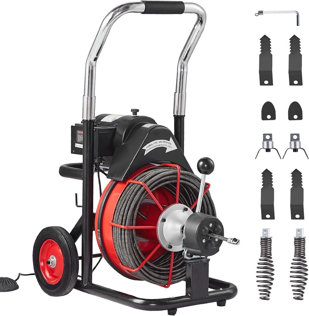 VEVOR Drain Cleaner Machine 100FT x 3/8 Inch, Auto Feed Sewer Snake Auger on Wheels, 370W Portable Drain Cleaning Machine with 8 Cutters & Air-activated Foot Switch for 2" to 4" Pipes