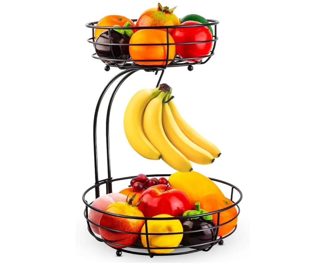 Auledio Iron 2-Tier Countertop Fruit Vegetables Basket Bowl Storage With Banana Hanger, Black, 64 ounces