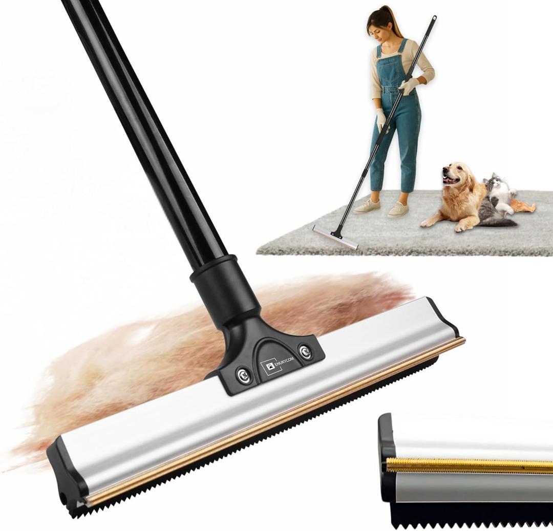 Dual-Edge Carpet Rake for Pet Hair Removal & Fluffing Matted Carpet 61" Adjustable Handle, Deep Clean Dog & Cat Hair Remover, Reusable Scraper for Rugs, Low Pile Carpet, Couch & Stairs
