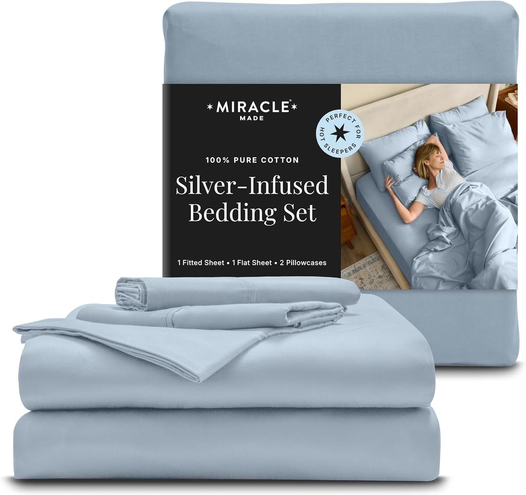 Miracle Made Breathable Cotton Bed Sheets, 4-Piece Set  Silver-Treated, Soft and Cool-to-the-Touch Lightweight Bedding Designed for Hot Sleepers  Queen Size, Sky Blue