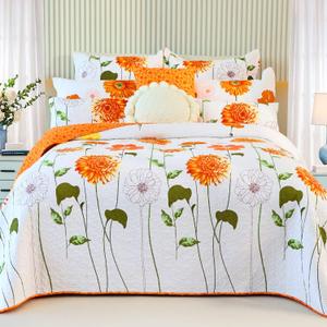 EVENHUG 100% Cotton Quilt Queen Size Orange Sunflower Bedding Set Floral Lightweight Quilt Reversible Coverlet Bedspread with 2 Pillow Shams All Seasons 3 Pieces (92"x96")