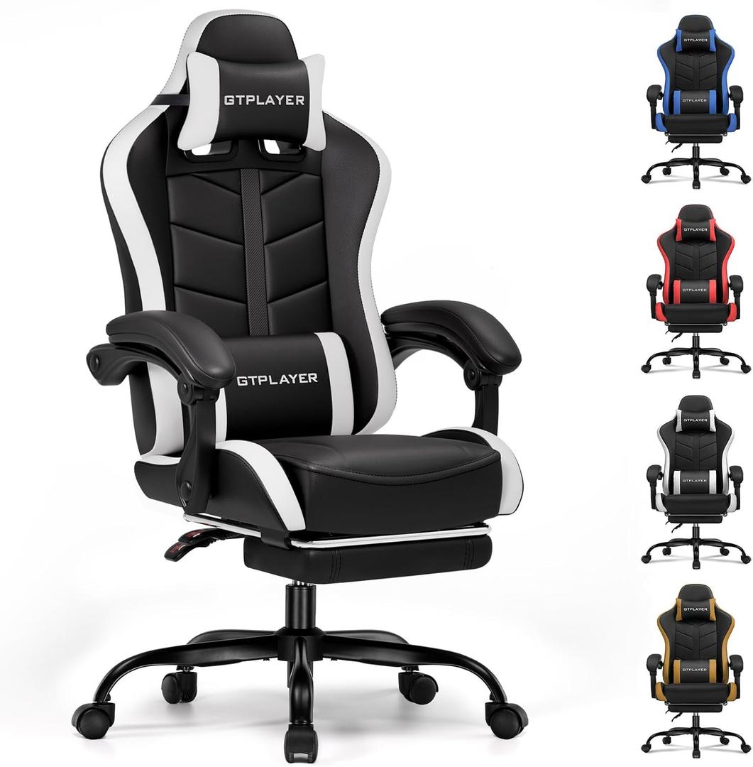 GTPLAYER Gaming Chair with Footrest, Computer Gaming Chair for Adults and Kids, Height Adjustable Gamer Chair with 90-155 Recline & Removable Headrest Lumbar Support (Coal Black-white)