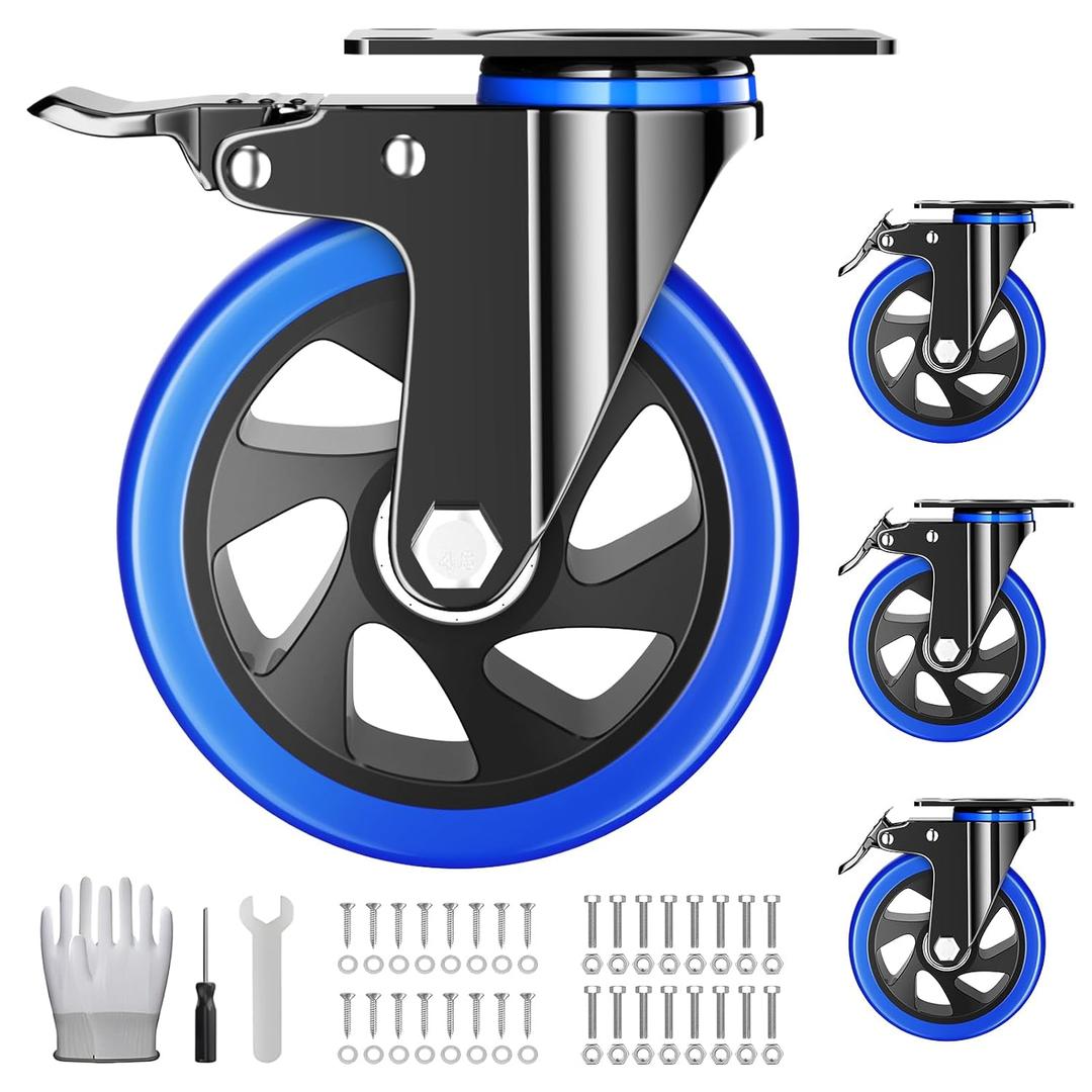 5 Inch Caster Wheels Heavy Duty Swivel Casters Set of 4 with Dual Locking,Industrial Plate Casters, Locking Casters Wheels for Furniture,Workbench(Free Hardware Kit)