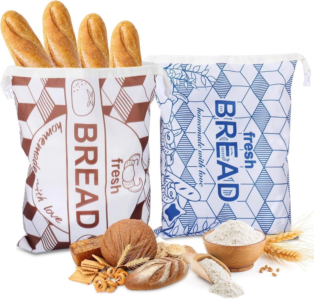 2-Pack Reusable Bread Bags for Homemade Sourdough, Large 16.92x12.59 Inch Snap Closure Bread Storage Bags with Food-Grade TPU Liner for Refrigerator Freezer Picnic (Brown & Blue)
