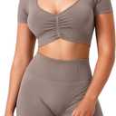 TAYOEA Crop Tops Workout for Women Yoga Short Sleeve Shirts Seamless V-Neck Gym T Shirts with Built in Pads (Brown, S)