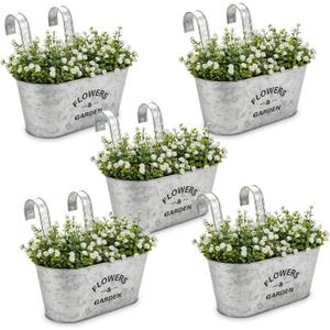 Briful 10'' Hanging Planter Outdoor 5PCS Metal Railing Planter for Herb Flower, Oval Galvanized Buckets with Detachable Hooks, Garden Fence Balcony Windowsill Hanging Pot, Silver