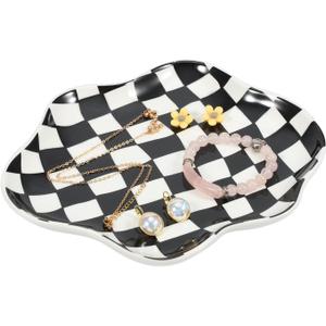 Koythin Jewelry Tray, Ceramic Jewelry Dish Trinket Tray Organizer, Checkered Pattern Aesthetic Decorative for Kitchen, Bathroom (Black and White Checkerboard)