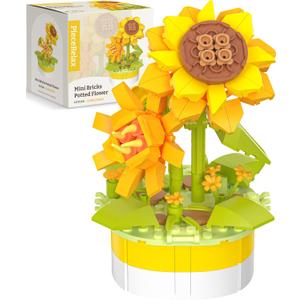 Flower Bouquet Building Decoration Set Artificial Flowers Mini Bricks Potted Sunflower Home Accessories or Best Gift Valentine Dcor for Him and Her Botanical Collection for Adults [KZ1028]