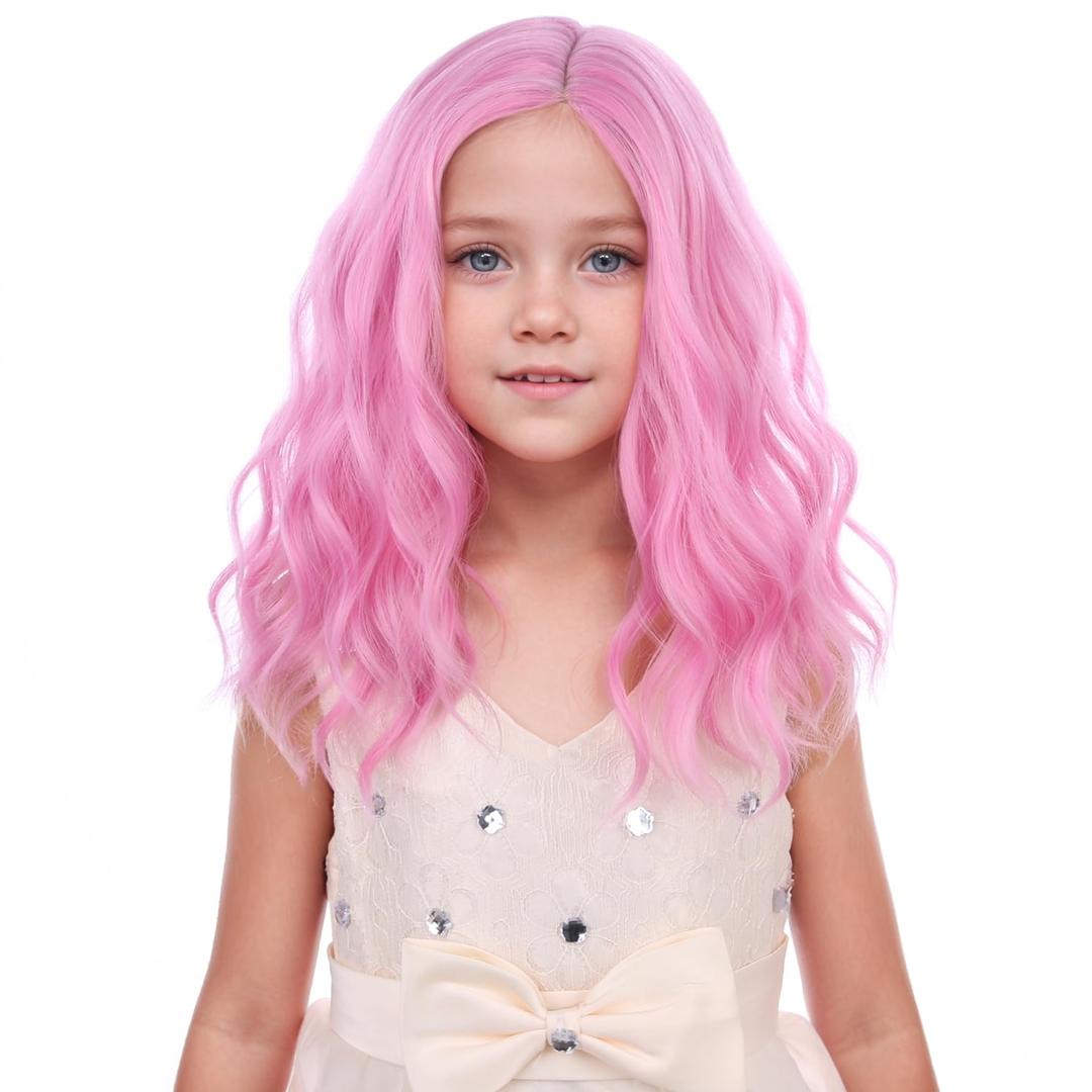 Kids Light Pink Wig Girls Short Wavy Pink Bob Wig Heat Resistant Synthetic Hair Wigs for Cosplay Party