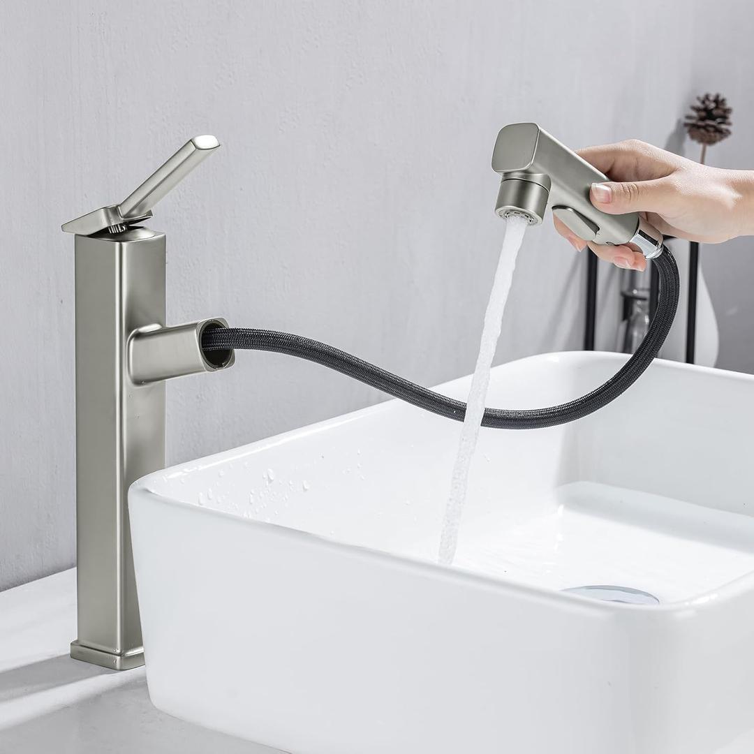 HANLIAN Single Hole Bathroom Pull Out Faucet with Rotating Spout, One Handle Faucet for Bathroom Sink, Modern Bathroom Faucet with Pull Down Sprayer, 3 Modes Vanity Faucets (Brushed Nickel, Tall)