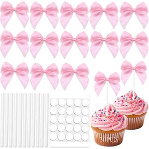 30 Pcs Pink Bow Cupcake Toppers Bow Cake Topper Birthday Decorations Bowknot Cupcake Picks for Coquette Theme Party Decoration Bachelorette Bridal Engagement Wedding Baby Shower Party Decor