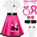 8 Pcs 50s Poodle Skirt Costume Girls Kids Sock Hop Outfit 1950s Costume Accessories Birthday Halloween Cosplay (4-6 Years, Hot Pink)