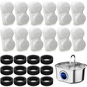 24 Pack Cat Fountain Replacement Filters Compatible with Neareal 108oz/3.2L Stainless Steel Pet Water Fountain(12 Filters & 12 Sponges)