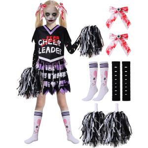Dead Cheerleader Costume for Girls, Scary Bloody Kids Halloween Costumes for Halloween Dress Up Parties (Medium(8-10), Purple)