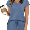 WIHOLL Two Piece Skirt Sets for Women Summer Vacation Outfits Travel Tennis Golf Skorts Cap Sleeve Lounge Sets A-blue Grey, XX-Large