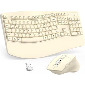 Wireless Keyboard and Mouse Combo, 2.4G Full Size Wave Keys Ergonomic Keyboard with Wrist Rest and 3-Level DPI Adjustable Wireless Ergonomic Mouse for Windows, Mac OS Desktop/Laptop/PC(Latte)