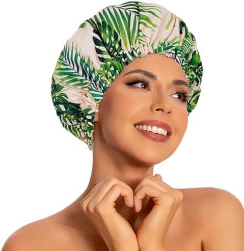 Pack Of 2 Reusable Shower Caps for Women Waterproof, Large Luxury Washable Elastic Band Bath Hair Bonnet, Double Layer Stylish Shower Hat for Long Hair, Braids, Curly(Plantain Leaf)