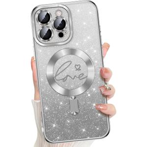 Misscase for iPhone 16 Pro Case Magnetic Glitter with Full Camera Lens Protector,[Compatible with MagSafe] Cute Glitter Bling Sparkly Love Hearts Plating Cover Phone Case for Women Girls-Silver