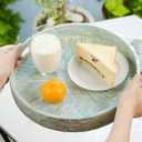 PEMAR 12.6 Mother of Pearl Round Serving Tray with Handles, Decorative Nacred Wooden Ottoman Coffee Table Tray (Teal Sunlight)