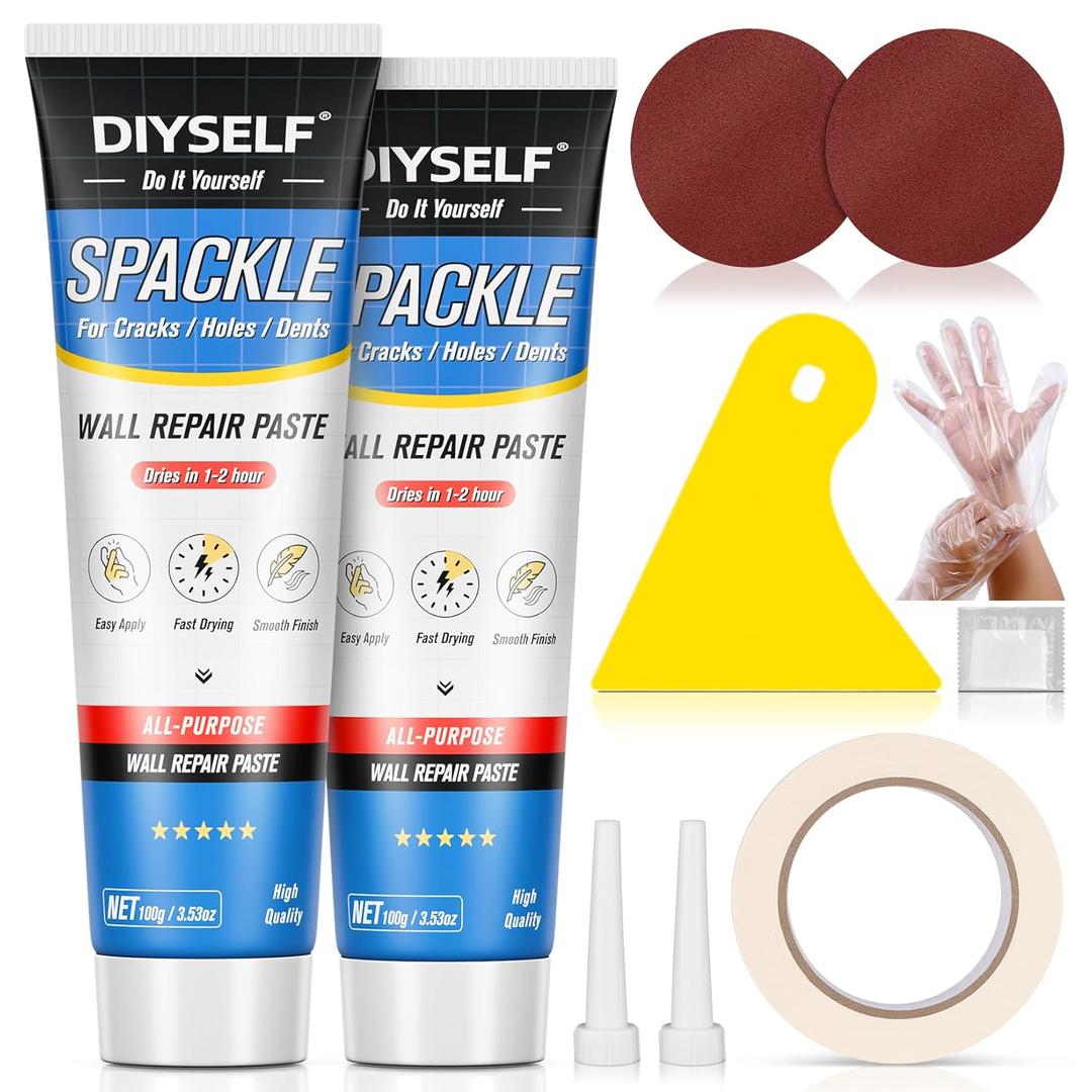 DIYSELF 9 Pack Drywall Repair Kit, Surface Repair Kit, Spackle Wall Repair, 2100g (7oz Total) Putty, White Drywall Mud, Plaster for Holes, Cracks, Gaps, Fast-Drying Hole Filler with Scraper, Sander