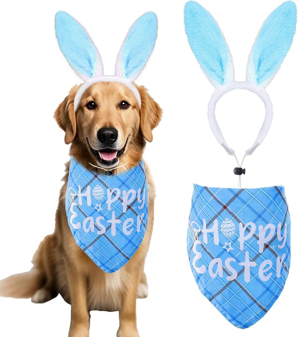 Dog Easter Bunny Costumes Easter Bunny Ears Headband Bandanas for Medium Large Dogs Pet Costume Accessories (Blue)