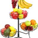 3 Tier Fruit Basket Bowl with 2 Banana Hooks, Solid Metal Standing Vegetable Storage for Kitchen Counter, Large Capacity Organizer for Bread Snack Produce (Black)