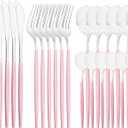 Snplowum Mirror Cutlery Serving Set, 24-piece 18/0 Stainless Steel Silverware With Pink Handle Simple & Modern Tableware For Home Party Restaurant Christmas Dinner, Service For 6 (Pink Silver)