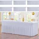 6pk White 8ft Spandex Tablecloths for Rectangle Tables, Wrinkle Free Wavy White Table Skirt Stretchy Fitted Table Cloth Covers 8 Foot for Weddings Birthday Party Events Banquette Baby Shower