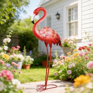 Shorayn Pink Flamingo Garden Statue Outdoor Decor Metal Yard Art Lawn Ornaments for Backyard Pond Patio Porch Outside Decorations,Large Size