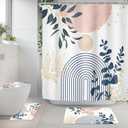 Riyidecor Boho Pink Navy Blue 4Pcs Shower Curtain Set with Toilet Lid Cover and Non-Slip Rugs, Mid Century Modern Minimalist Bathroom Decor SetAbstract Contour and Bath Mat with 12 Hooks