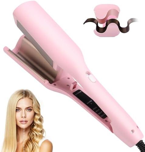 Hair Crimper, Waver Curling Iron Hair Styling Tool with Negative Ionic Technology Crimper Hair Tool for Creating Smooth Waves, French Anti-Scald Wave 32mm Curling Iron for Short Hiar, Pink