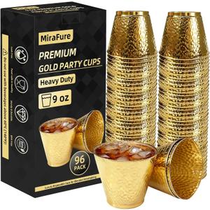 96-Pack Gold Hammered Plastic Party Cups 9oz, BPA-Free Leakproof Disposable Cups, Premium Elegant Drinkware for Weddings Birthdays Holidays Gatherings