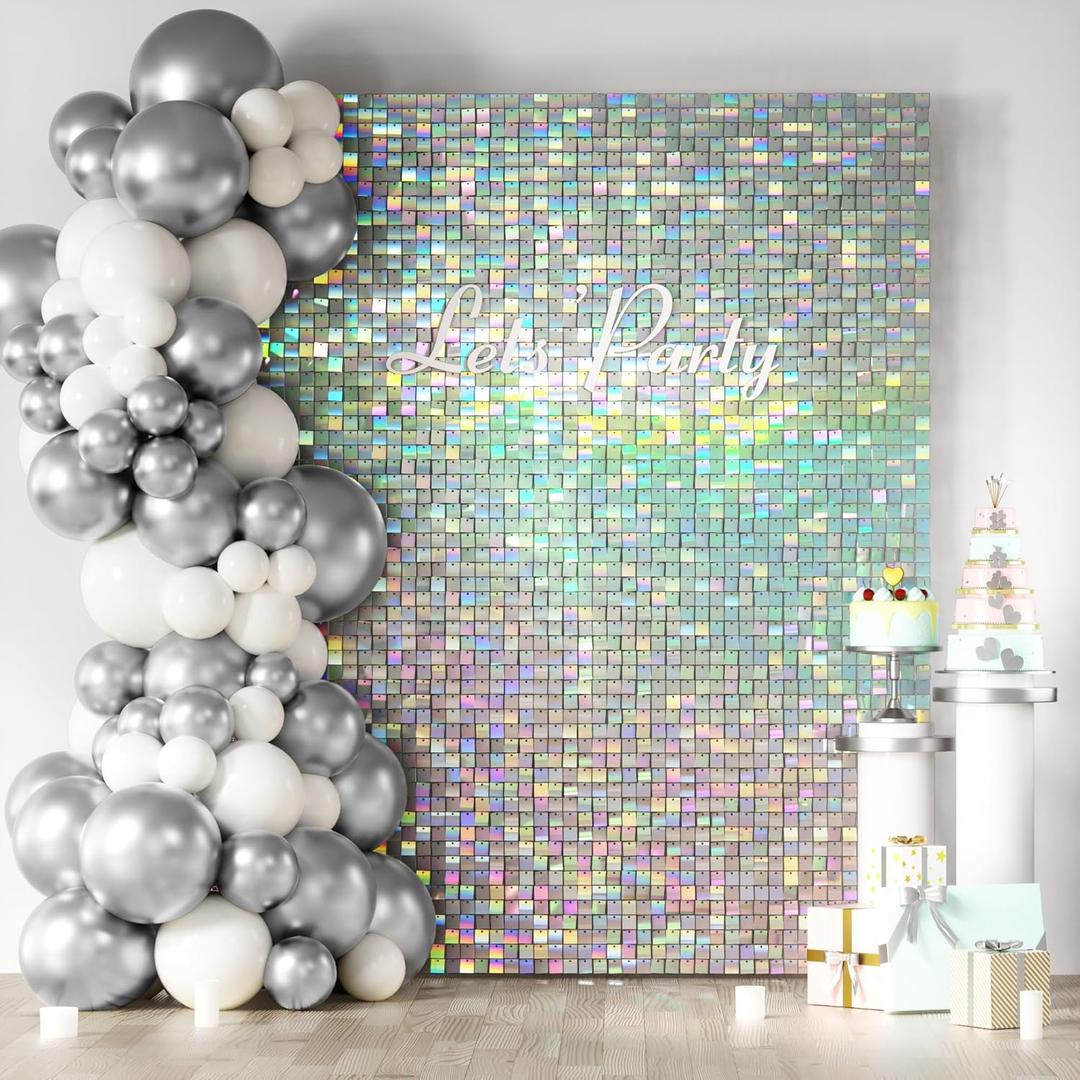 COKAOBE Iridescent Silver Shimmer Wall Backdrop, 24 Panels Square Sequin Shimmer Backdrop, Photo Backdrops for Birthday, Anniversary, Wedding, Graduation & Bachelorette Party Decoration