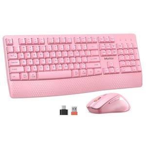 MEETION Wireless Keyboard and Mouse, Full-Sized Cordless Keyboard with Wrist Rest and 3 DPI Adjustable Mouse, 2.4G Wireless, Compatible with PC/Computer/Laptop/Windows/Mac, Pink