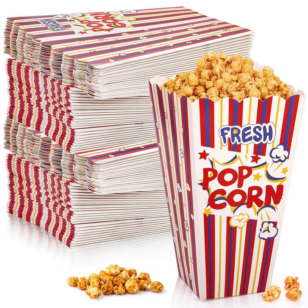 Covzoe 100 Pack Popcorn Box, 46 Oz Large Open Top Popcorn Containers Disposable, 7.9 Inch Tall Classic Stripe Popcorn Bowls Bucket Bulk for Movie Night, Paper Treat Snack Box for Party Decorations