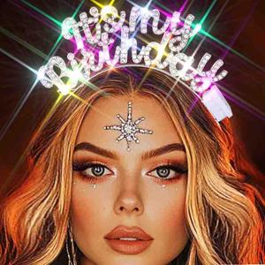 Zoestar Light Up Happy Birthday Headband Led Rhinestone Birthday Party Hair Accessories Women(Silver, One Size)
