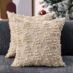 Christmas Pillow Covers 18x18 inch Set of 2 Soft Plush Faux Fur Christmas Decoration Beige Xmas Tree Yellow Colored Lights Decor Pattern Throw Pillow Case for Sofa Holiday Festivals Winter Home Decor