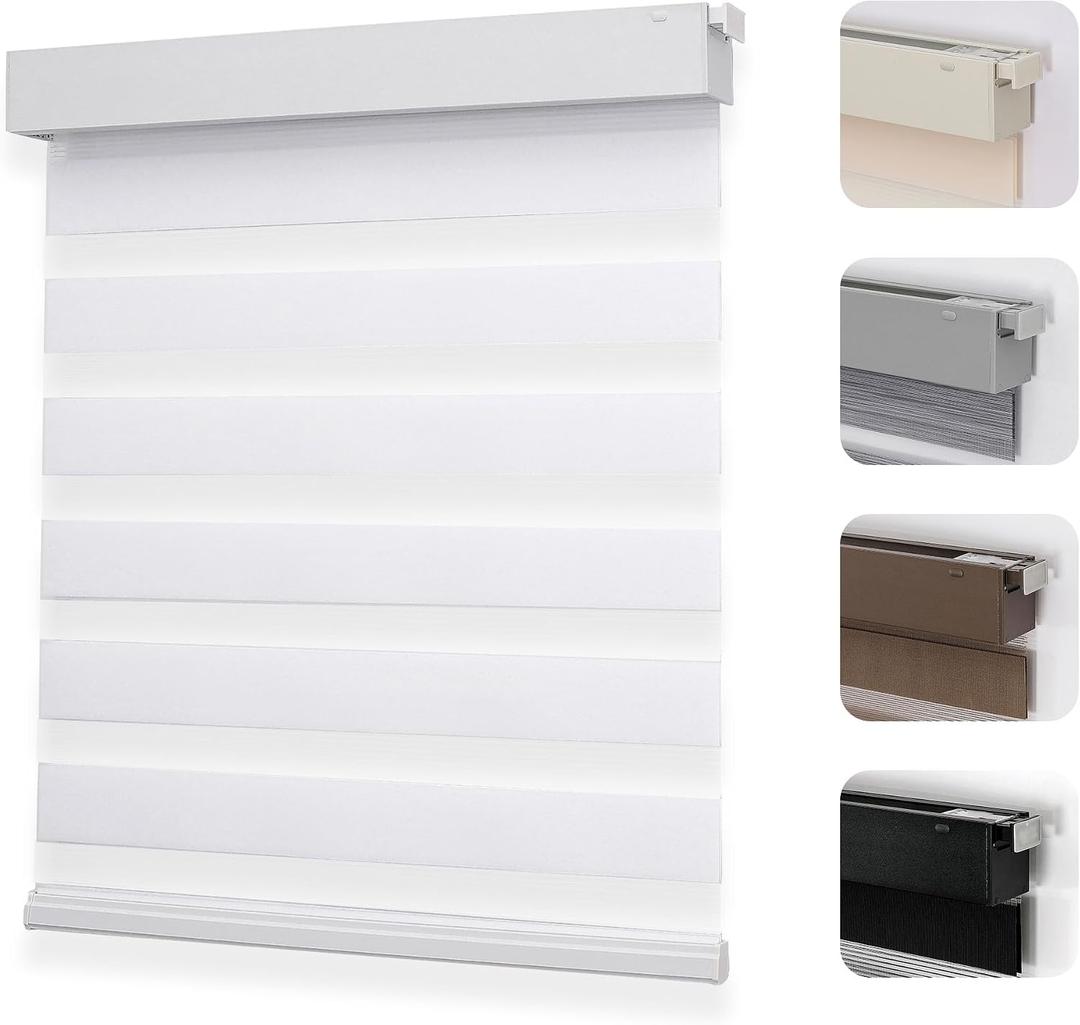 Joydeco No Drill Zebra Blinds for Windows, Cordless Day & Night Dual Sheer Roller Shades, Easy Installation, Free-Stop Lift System, Light Filtering Privacy Blinds for Home(White,35" W x 75" H)
