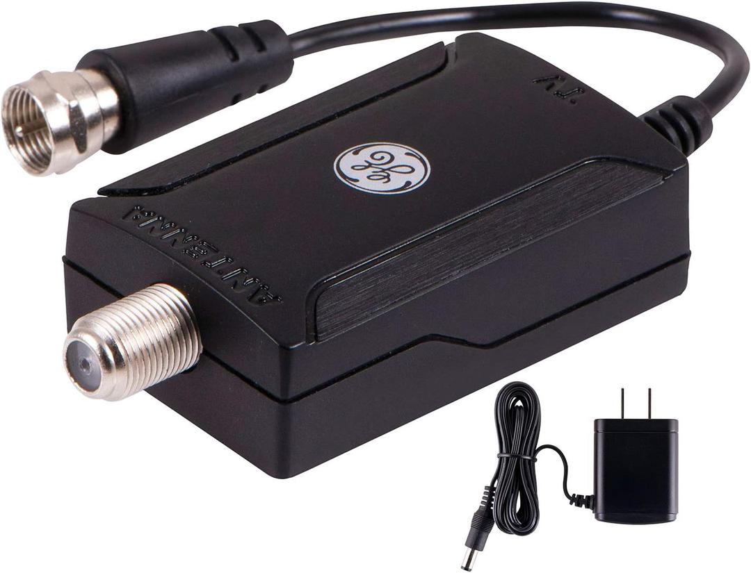 Indoor TV Antenna Amplifier, Antenna Signal Booster, HD TV Digital VHF UHF, Low Noise, AC Power Adapter, Black, 42178