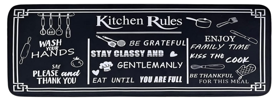 Black and White Kitchen Rugs,Non Skid Washable Microfiber mats for Kitchen Floor,Kitchen Rules Theme Cushioned Runner Rug Decor 17x30 small rug, 17x47 big rug