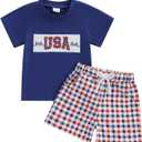 Toddler Baby 4th of July Outfit Boy Girl USA Short Sleeve T-shirt With Plaid Shorts Patriotic Baby Clothes